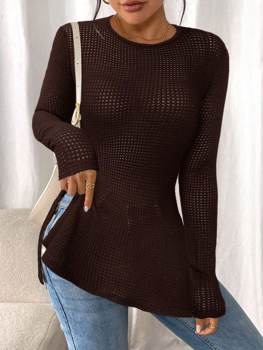 SHEIN Frenchy Women Casual Striped Long Sleeve T-Shirt With Slit Hem,Tight Turtleneck, Textured Fabric ,Commute,Minimalist,Office,Old Money,Simple,Autumn/Winter,