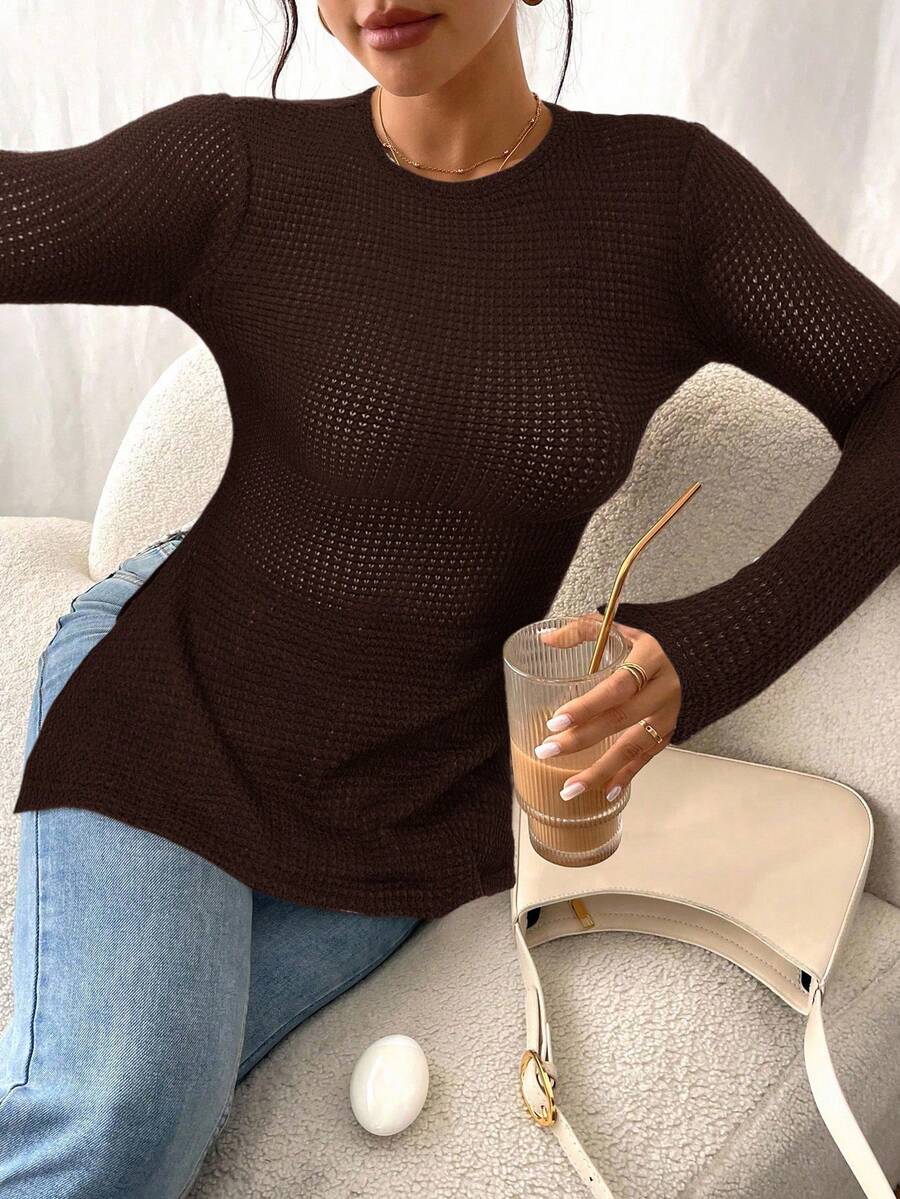 SHEIN Frenchy Women Casual Striped Long Sleeve T-Shirt With Slit Hem,Tight Turtleneck, Textured Fabric ,Commute,Minimalist,Office,Old Money,Simple,Autumn/Winter,