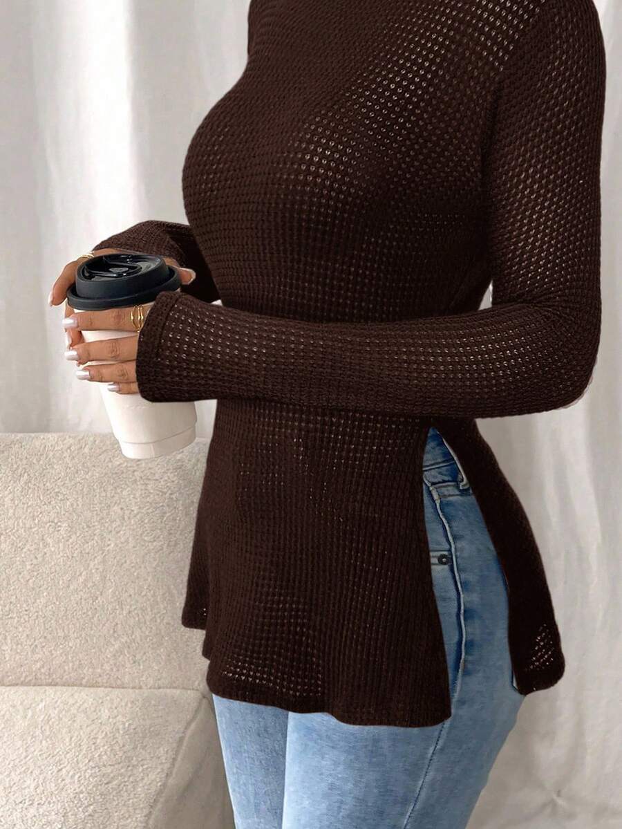 SHEIN Frenchy Women Casual Striped Long Sleeve T-Shirt With Slit Hem,Tight Turtleneck, Textured Fabric ,Commute,Minimalist,Office,Old Money,Simple,Autumn/Winter,