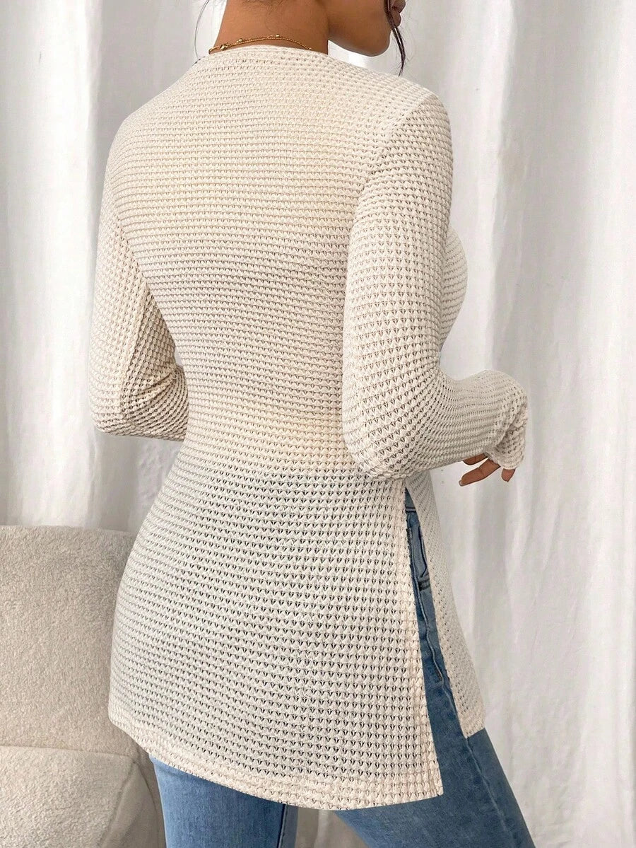 SHEIN Frenchy Women Casual Striped Long Sleeve T-Shirt With Slit Hem,Tight Turtleneck, Textured Fabric ,Commute,Minimalist,Office,Old Money,Simple,Autumn/Winter,