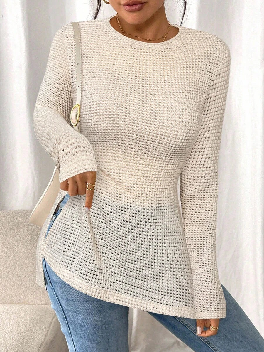 SHEIN Frenchy Women Casual Striped Long Sleeve T-Shirt With Slit Hem,Tight Turtleneck, Textured Fabric ,Commute,Minimalist,Office,Old Money,Simple,Autumn/Winter,