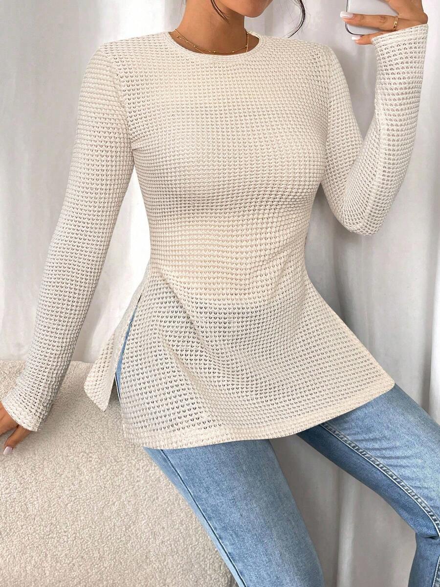 SHEIN Frenchy Women Casual Striped Long Sleeve T-Shirt With Slit Hem,Tight Turtleneck, Textured Fabric ,Commute,Minimalist,Office,Old Money,Simple,Autumn/Winter,