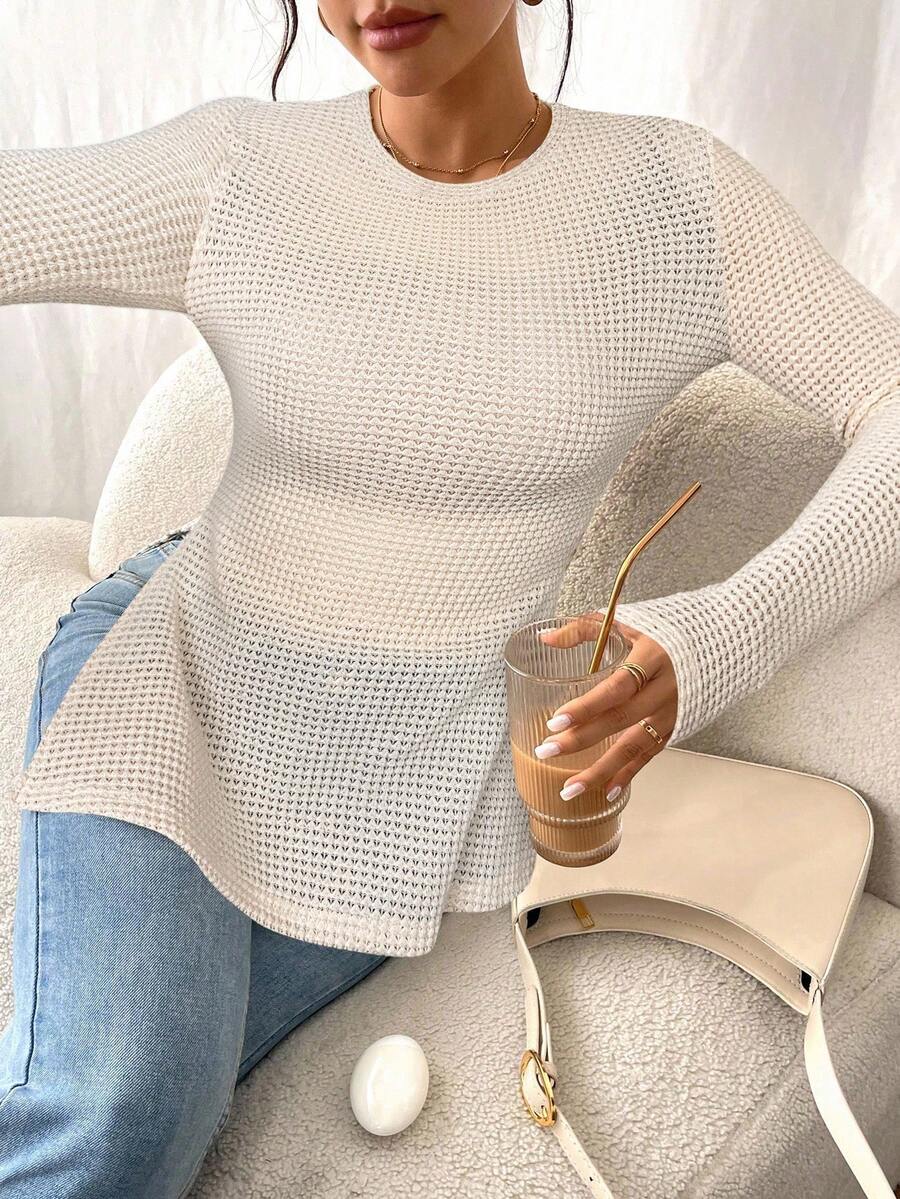 SHEIN Frenchy Women Casual Striped Long Sleeve T-Shirt With Slit Hem,Tight Turtleneck, Textured Fabric ,Commute,Minimalist,Office,Old Money,Simple,Autumn/Winter,