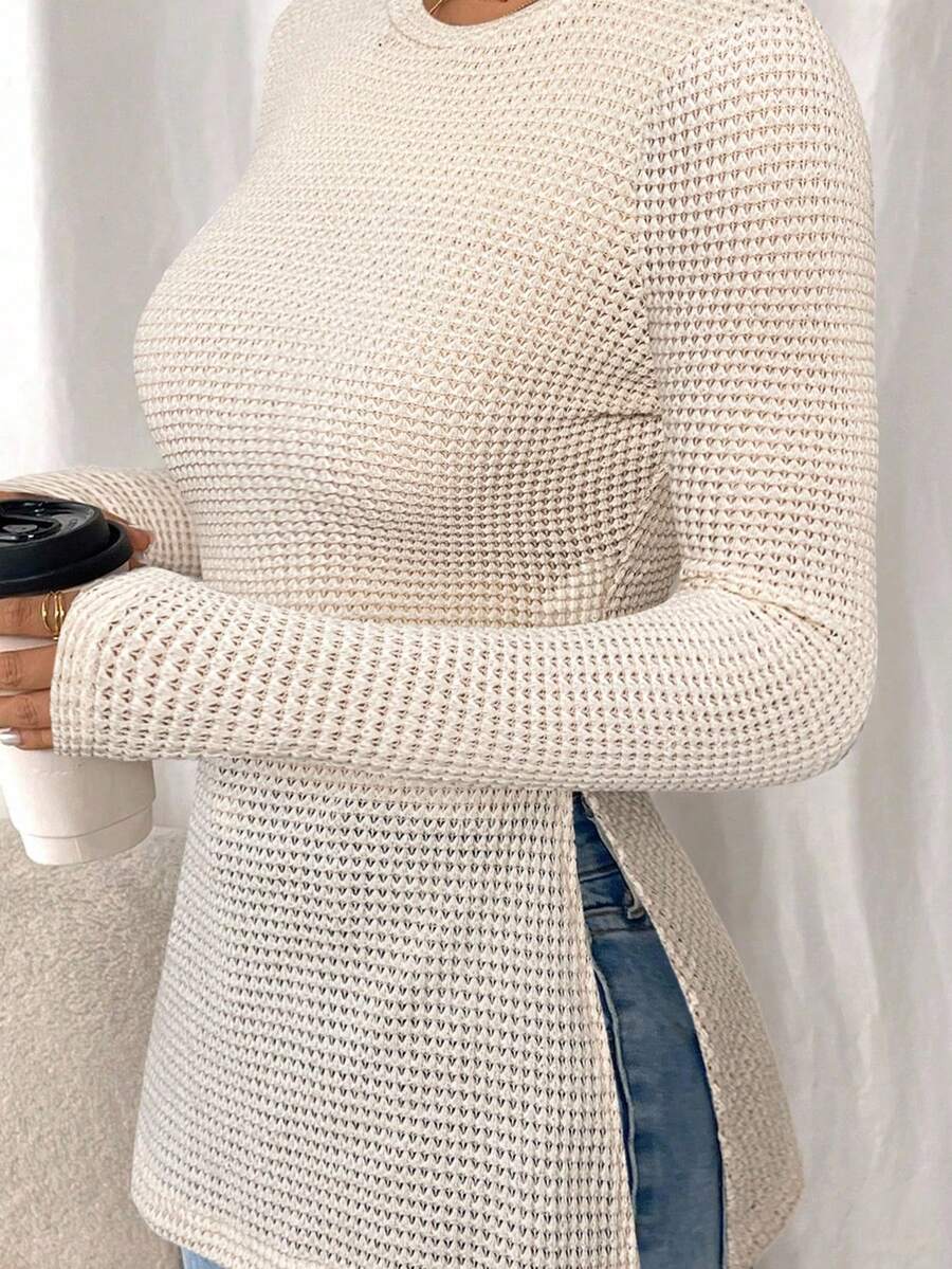 SHEIN Frenchy Women Casual Striped Long Sleeve T-Shirt With Slit Hem,Tight Turtleneck, Textured Fabric ,Commute,Minimalist,Office,Old Money,Simple,Autumn/Winter,