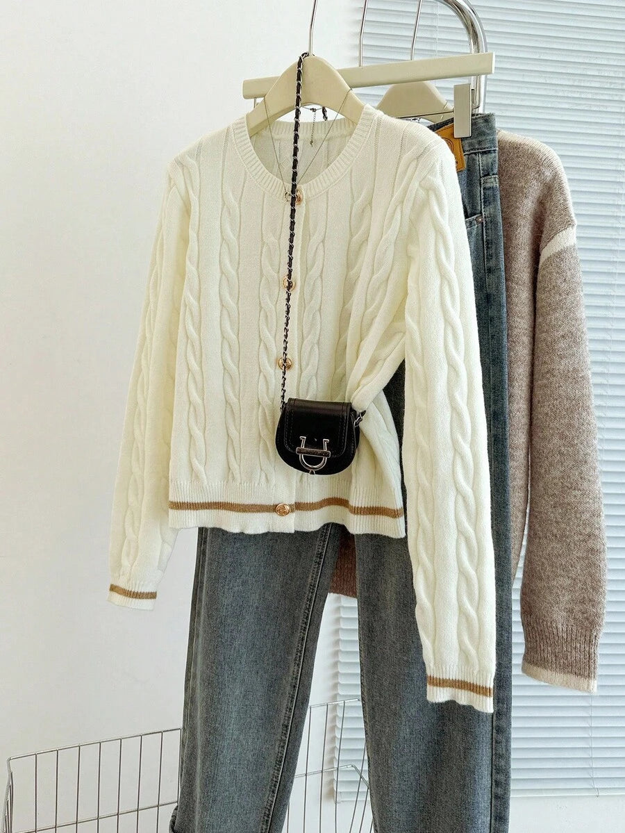 EMERY ROSE Cardigan feminino casual com acabamento contrastante e botões na frente, outono/inverno