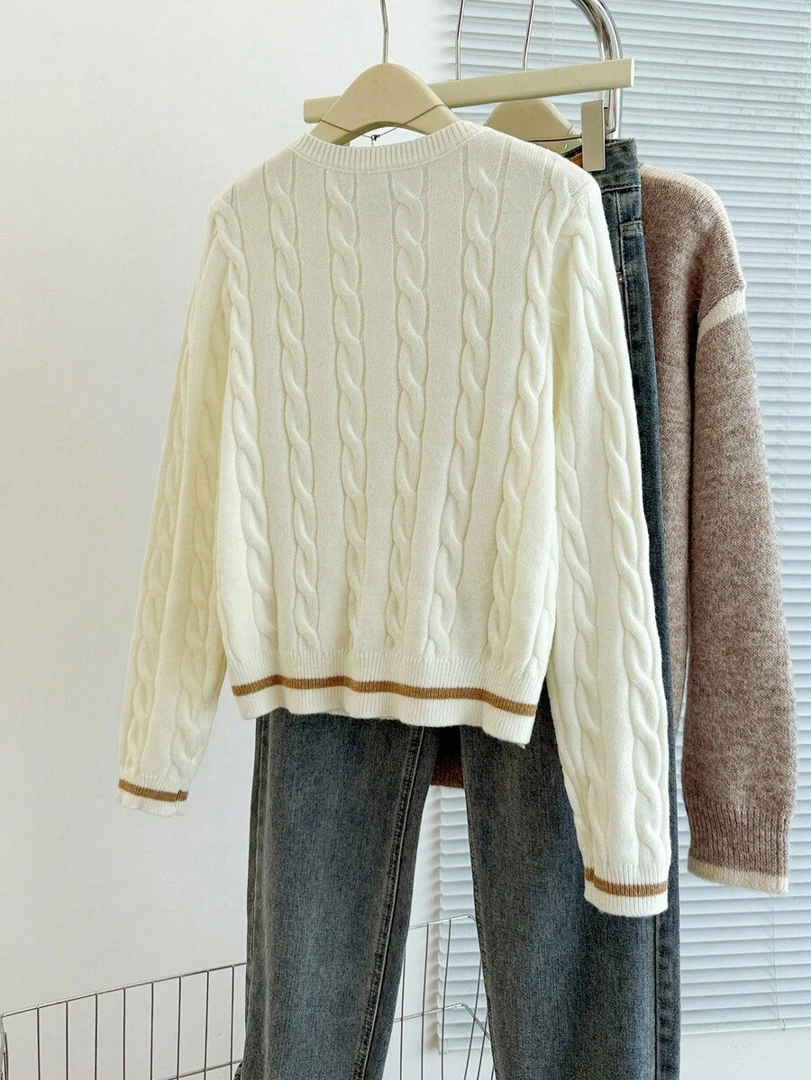 EMERY ROSE Cardigan feminino casual com acabamento contrastante e botões na frente, outono/inverno