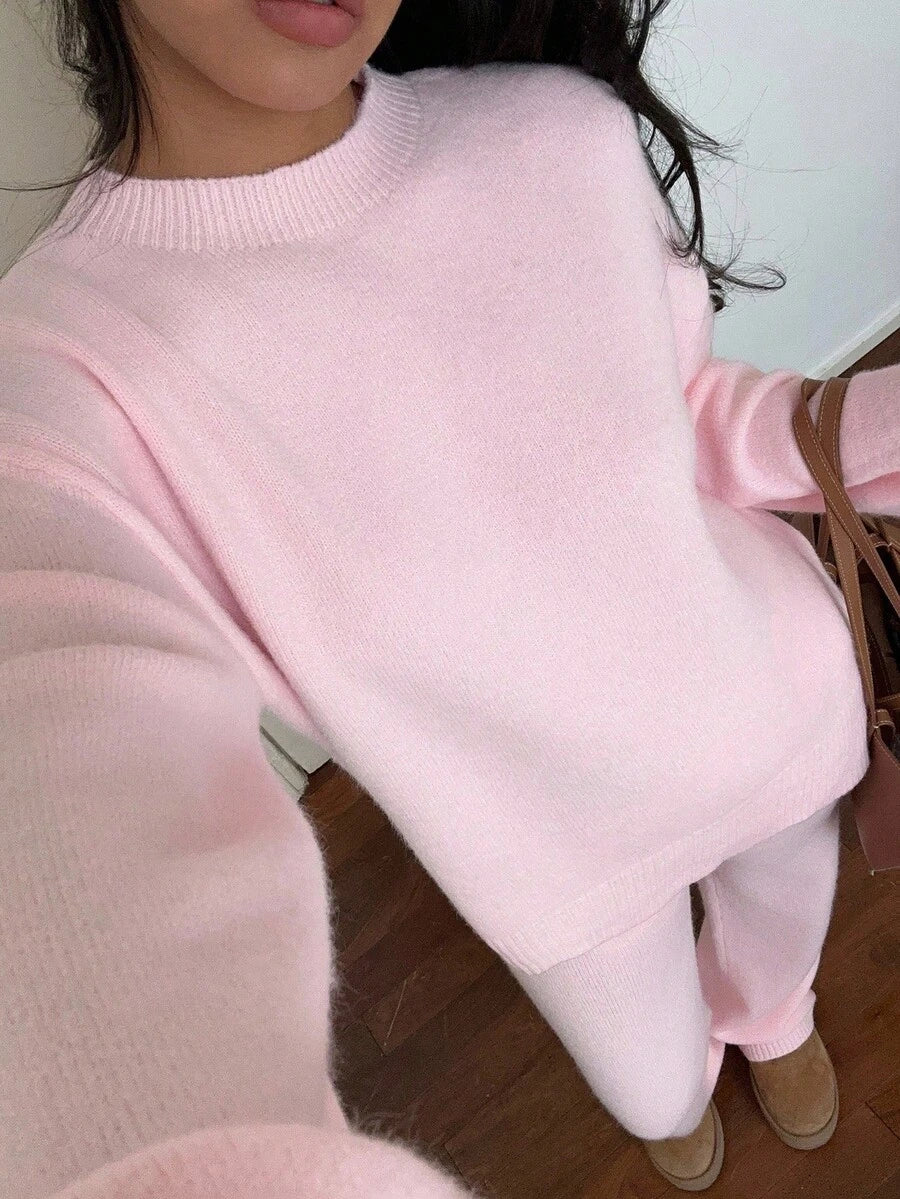 Flirla 2pcs Women Colorblock Rib-Trim Round Neck Long Sleeve Sweater And Pants Set Fall Winter Cloth For Women