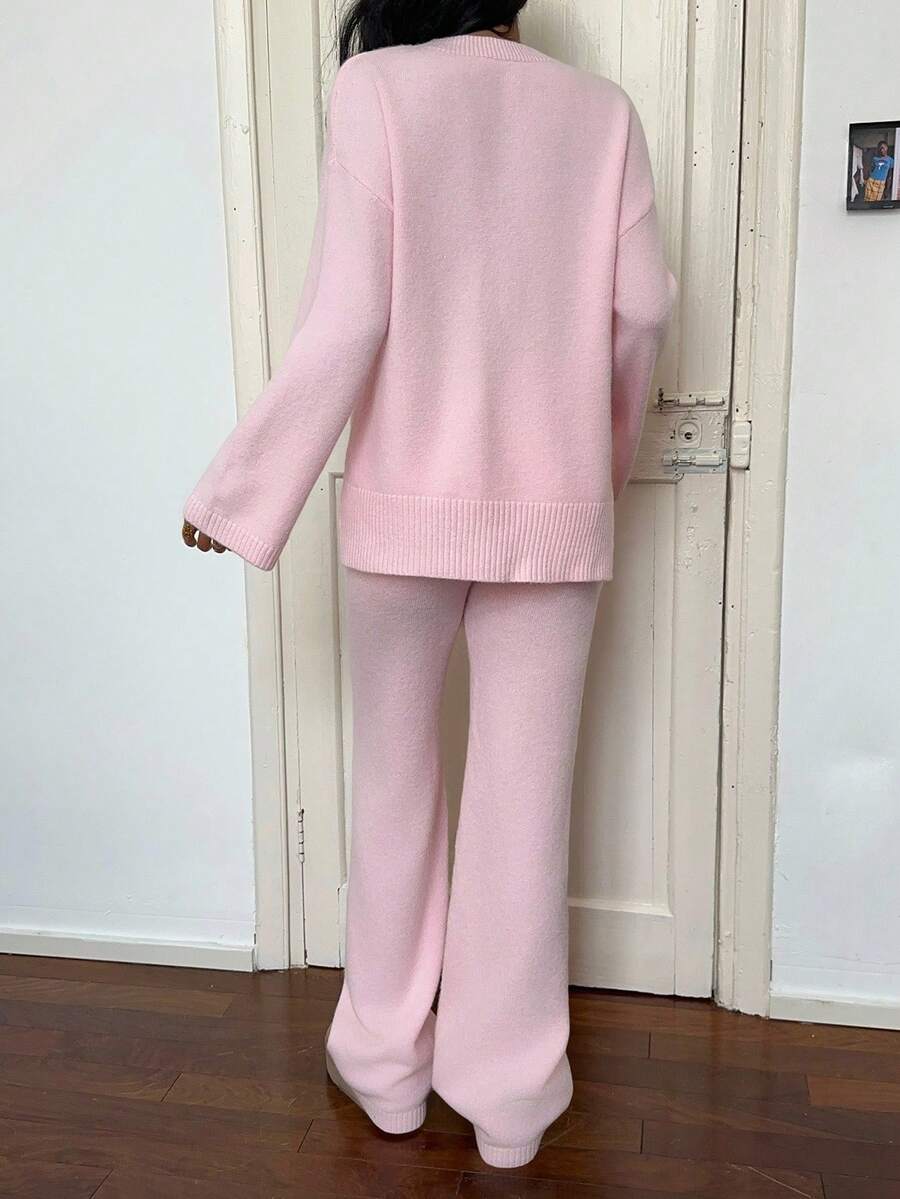 Flirla 2pcs Women Colorblock Rib-Trim Round Neck Long Sleeve Sweater And Pants Set Fall Winter Cloth For Women