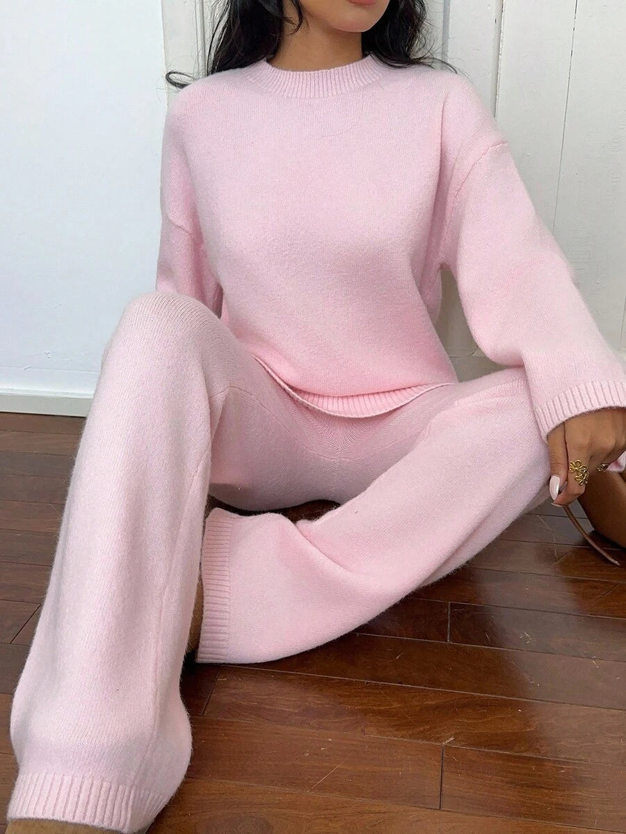 Flirla 2pcs Women Colorblock Rib-Trim Round Neck Long Sleeve Sweater And Pants Set Fall Winter Cloth For Women