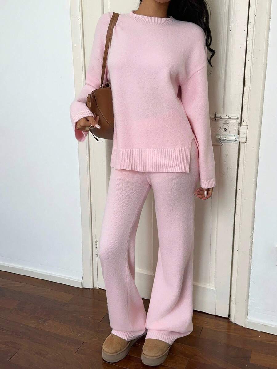 Flirla 2pcs Women Colorblock Rib-Trim Round Neck Long Sleeve Sweater And Pants Set Fall Winter Cloth For Women