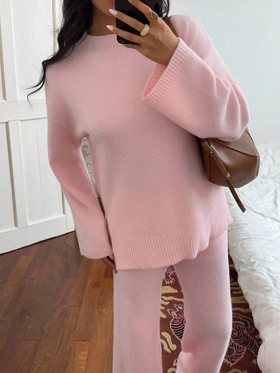 Flirla 2pcs Women Colorblock Rib-Trim Round Neck Long Sleeve Sweater And Pants Set Fall Winter Cloth For Women