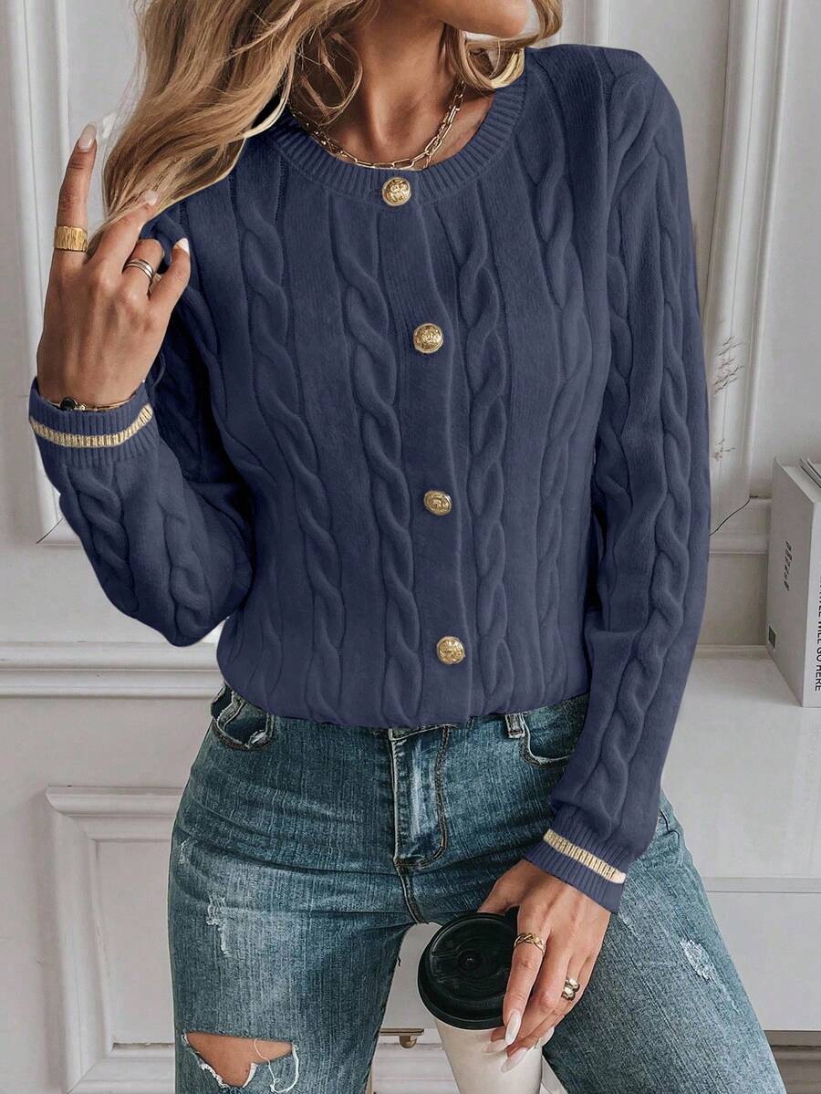 EMERY ROSE Cardigan feminino casual com acabamento contrastante e botões na frente, outono/inverno
