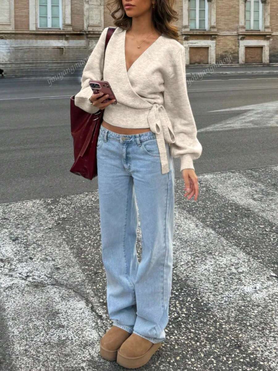 Suéter de malha com amarração, outono/inverno 2025, branco, essencial para mulheres em casa, para o trabalho, para encontros, para viagens, adequado para várias ocasiões, cinza claro