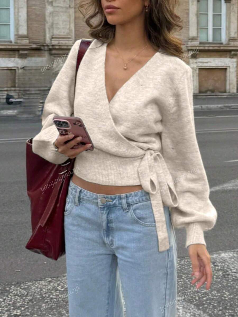 Suéter de malha com amarração, outono/inverno 2025, branco, essencial para mulheres em casa, para o trabalho, para encontros, para viagens, adequado para várias ocasiões, cinza claro