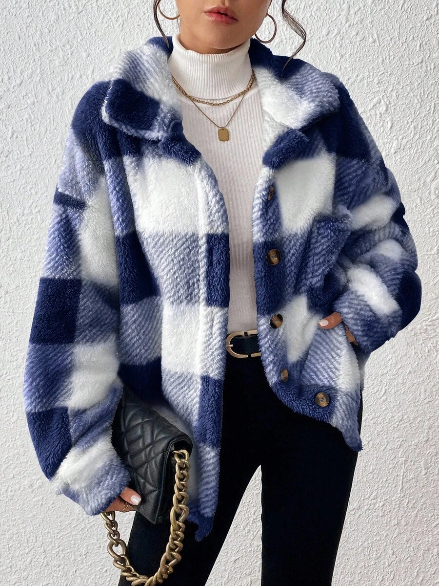 INAWLY Jaqueta feminina casual xadrez felpuda com botões frontais para uso diário no outono/inverno