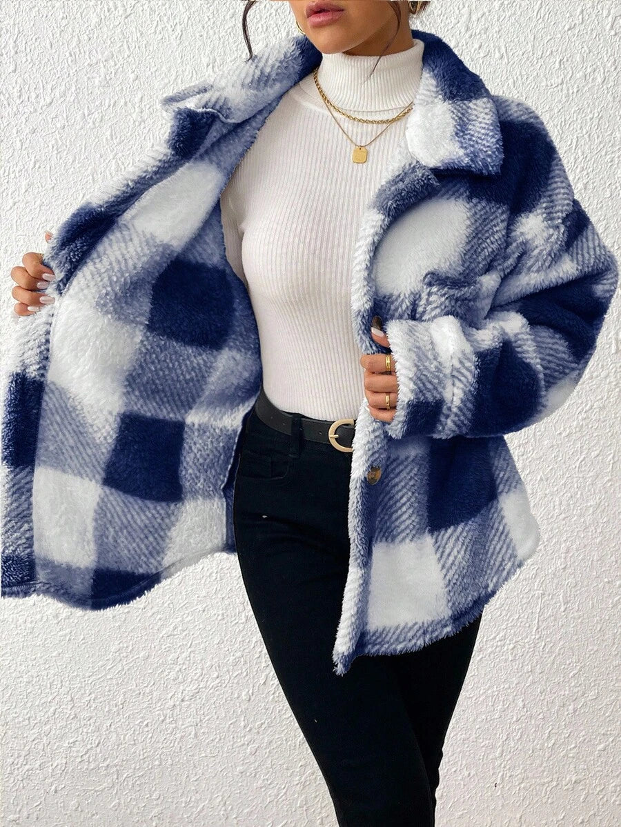 INAWLY Jaqueta feminina casual xadrez felpuda com botões frontais para uso diário no outono/inverno
