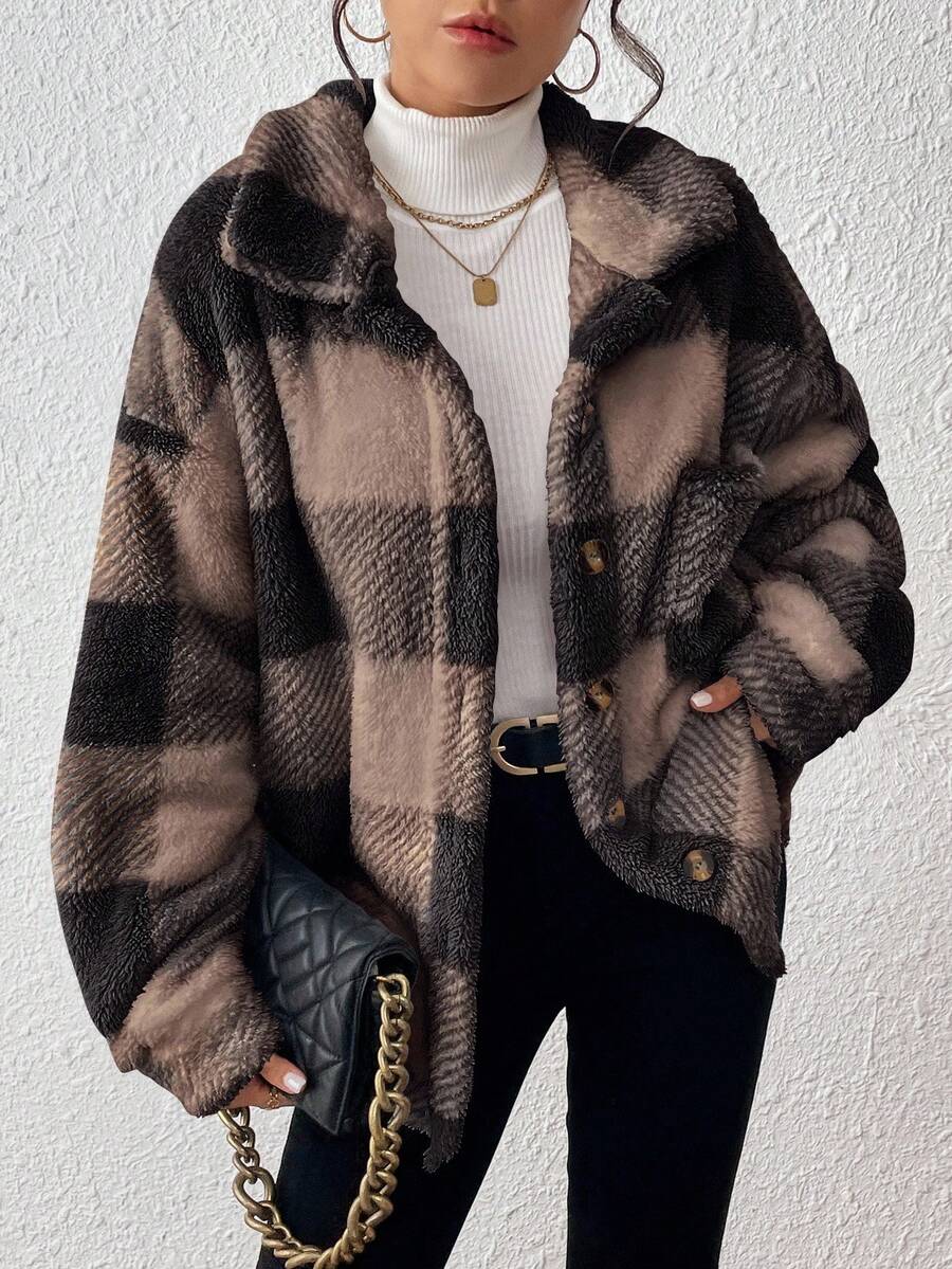 INAWLY Jaqueta feminina casual xadrez felpuda com botões frontais para uso diário no outono/inverno