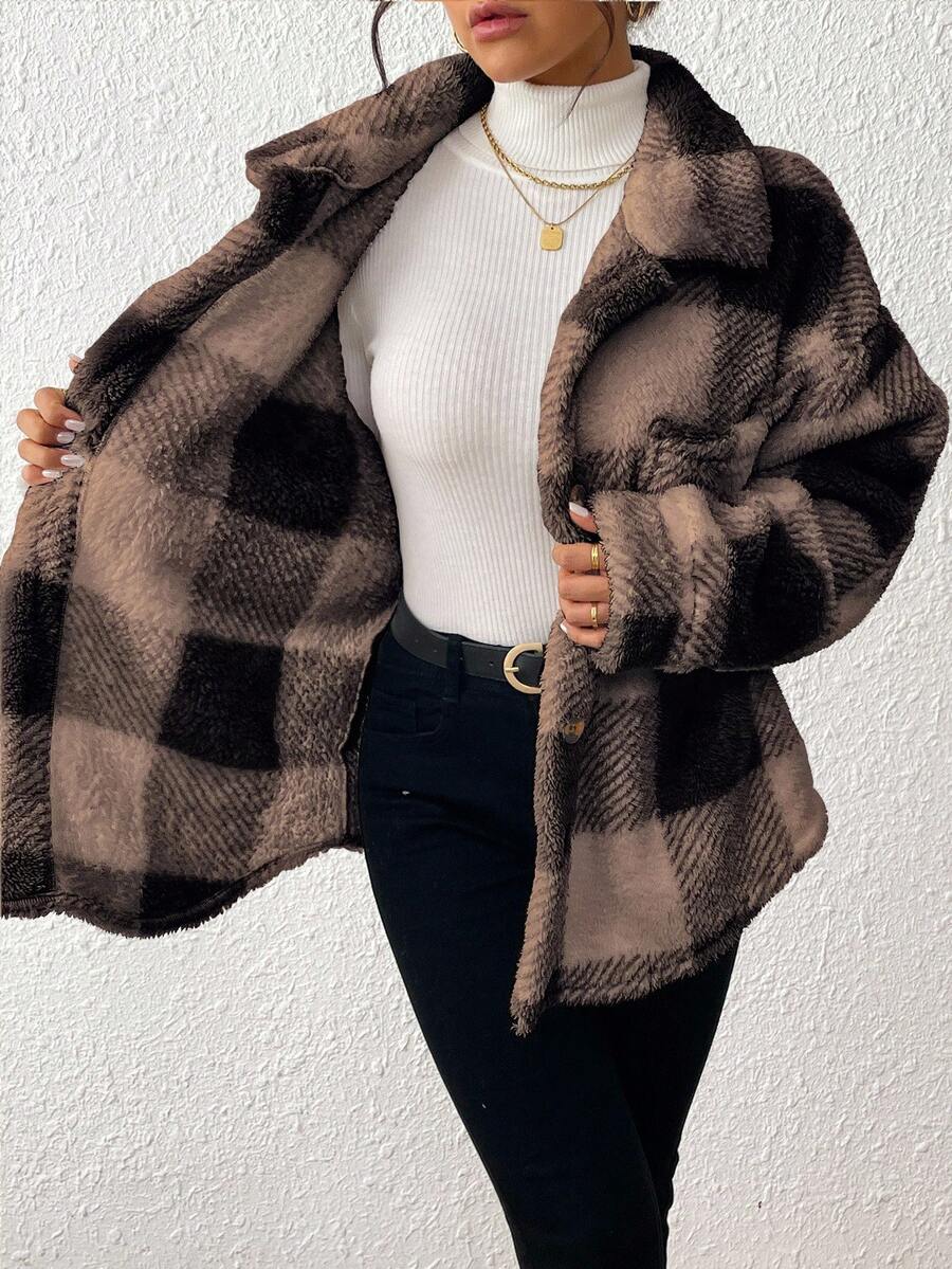 INAWLY Jaqueta feminina casual xadrez felpuda com botões frontais para uso diário no outono/inverno