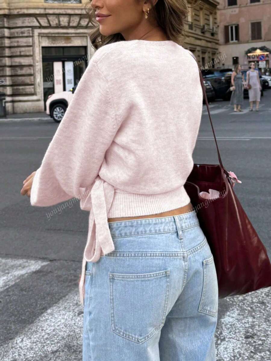 Suéter de malha com amarração, outono/inverno 2025, branco, essencial para mulheres em casa, para o trabalho, para encontros, para viagens, adequado para várias ocasiões, cinza claro