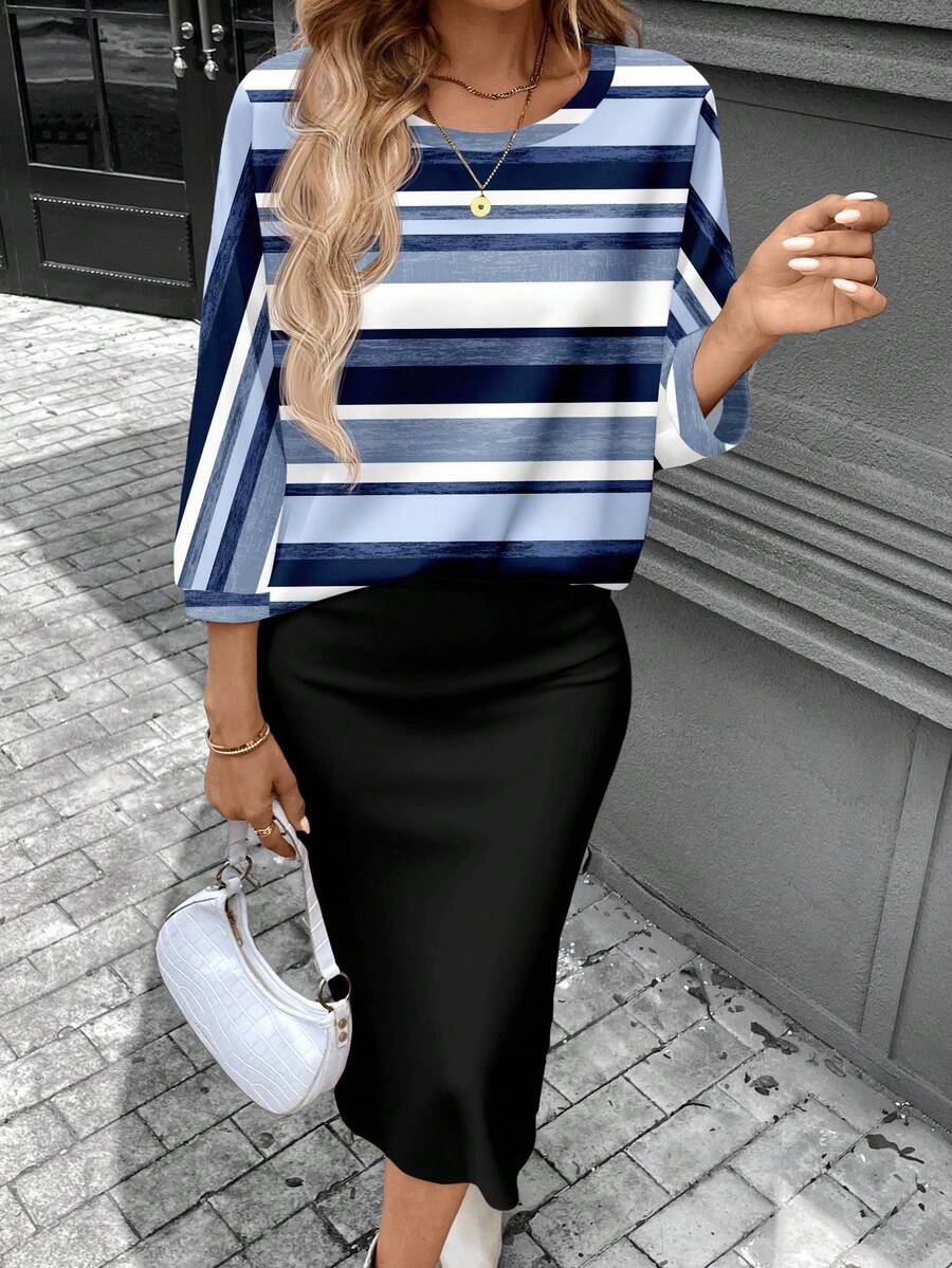 SHEIN LUNE Conjunto de camiseta feminina com gola redonda e manga morcego e saia reta justa, tecido com textura canelada felpuda, elegante para deslocamento casual, quente para outono/inverno
