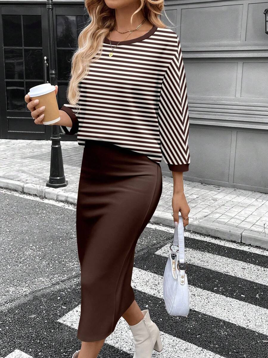 SHEIN LUNE Conjunto de camiseta feminina com gola redonda e manga morcego e saia reta justa, tecido com textura canelada felpuda, elegante para deslocamento casual, quente para outono/inverno