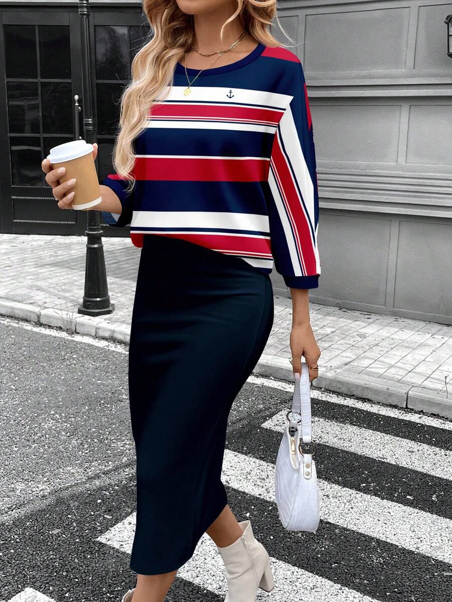 SHEIN LUNE Conjunto de camiseta feminina com gola redonda e manga morcego e saia reta justa, tecido com textura canelada felpuda, elegante para deslocamento casual, quente para outono/inverno
