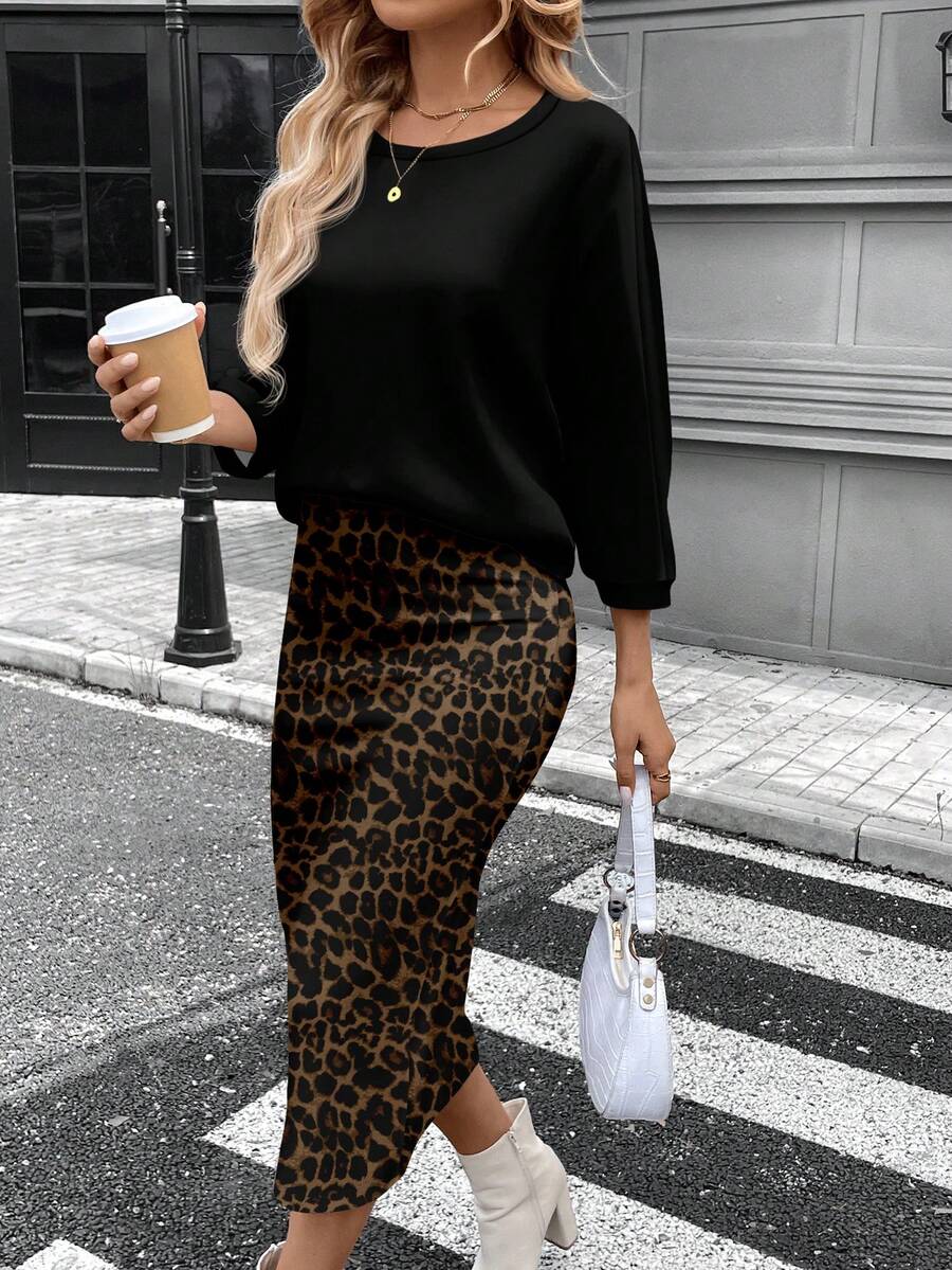 SHEIN LUNE Conjunto de camiseta feminina com gola redonda e manga morcego e saia reta justa, tecido com textura canelada felpuda, elegante para deslocamento casual, quente para outono/inverno