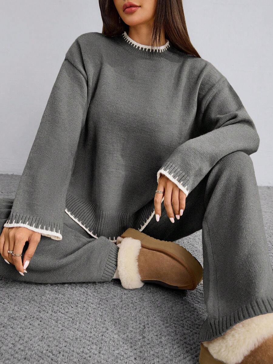 Flirla 2pcs Women Colorblock Rib-Trim Round Neck Long Sleeve Sweater And Pants Set Fall Winter Cloth For Women