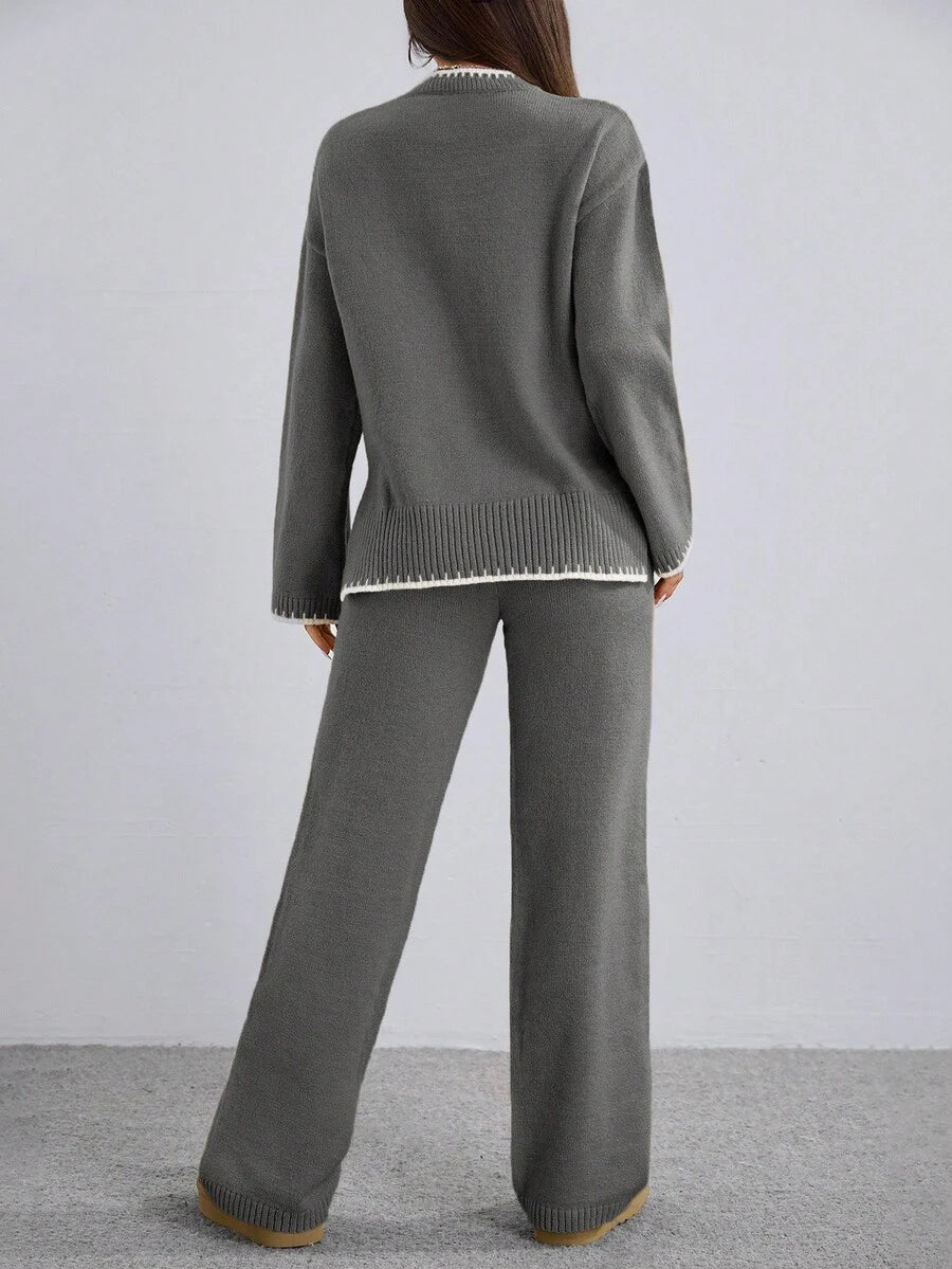 Flirla 2pcs Women Colorblock Rib-Trim Round Neck Long Sleeve Sweater And Pants Set Fall Winter Cloth For Women