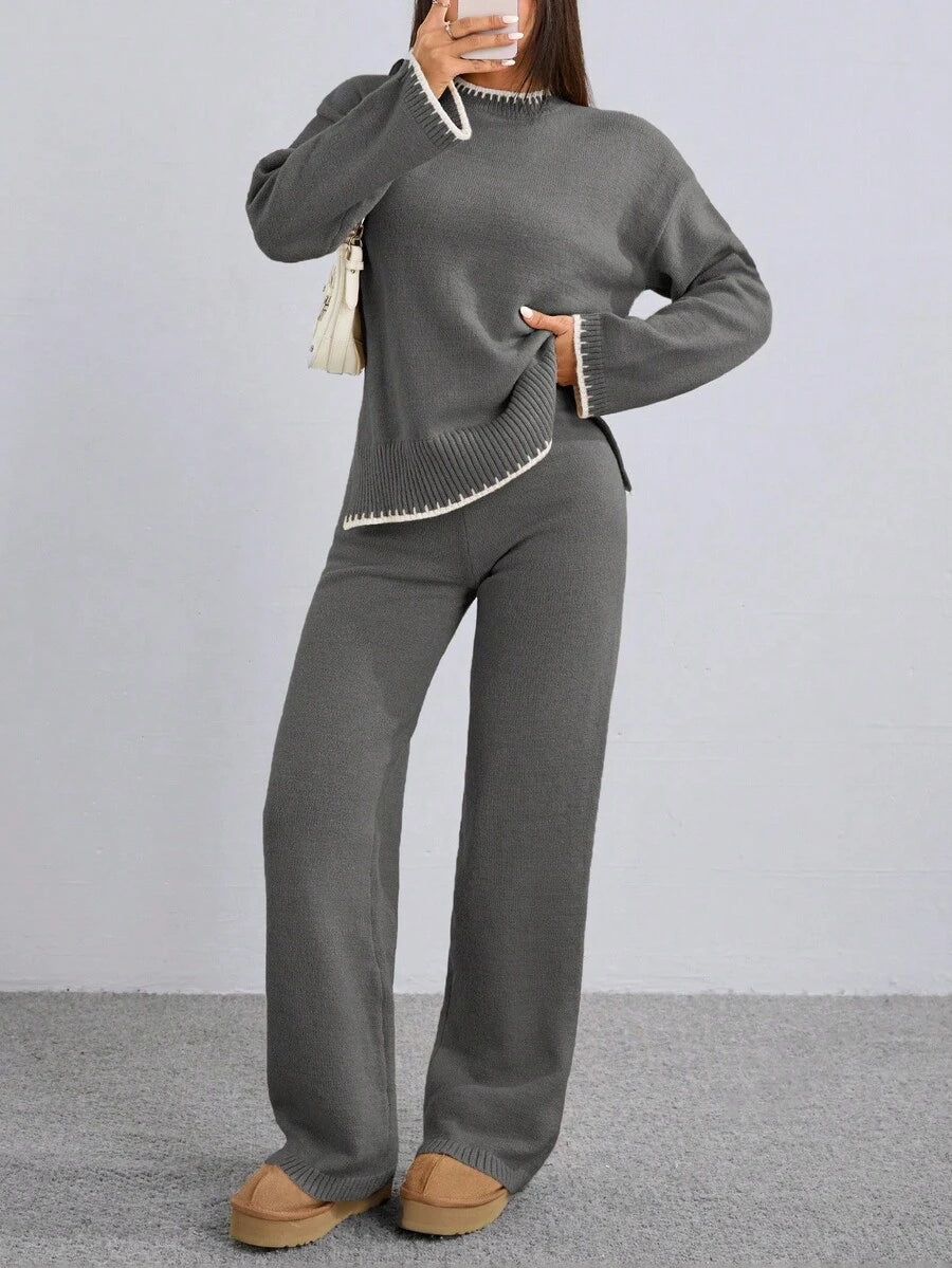 Flirla 2pcs Women Colorblock Rib-Trim Round Neck Long Sleeve Sweater And Pants Set Fall Winter Cloth For Women