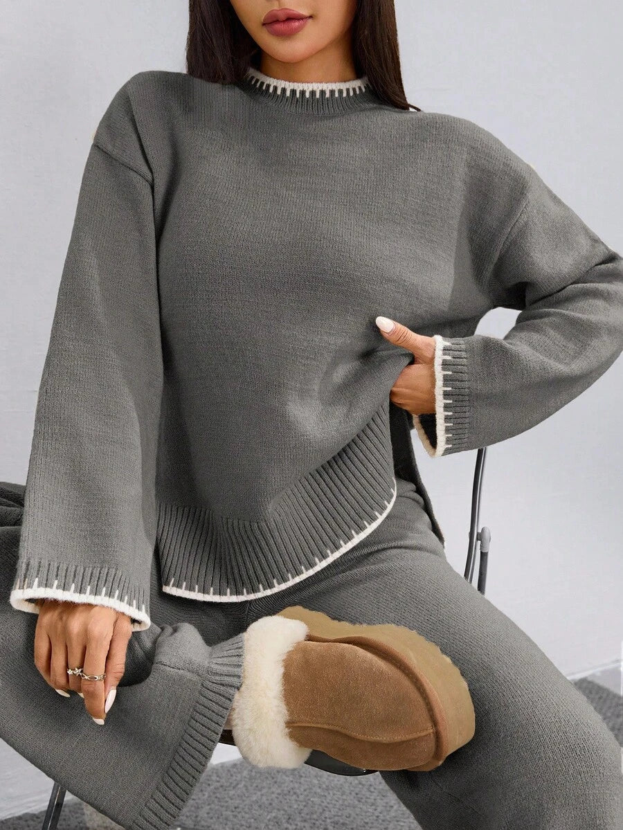 Flirla 2pcs Women Colorblock Rib-Trim Round Neck Long Sleeve Sweater And Pants Set Fall Winter Cloth For Women
