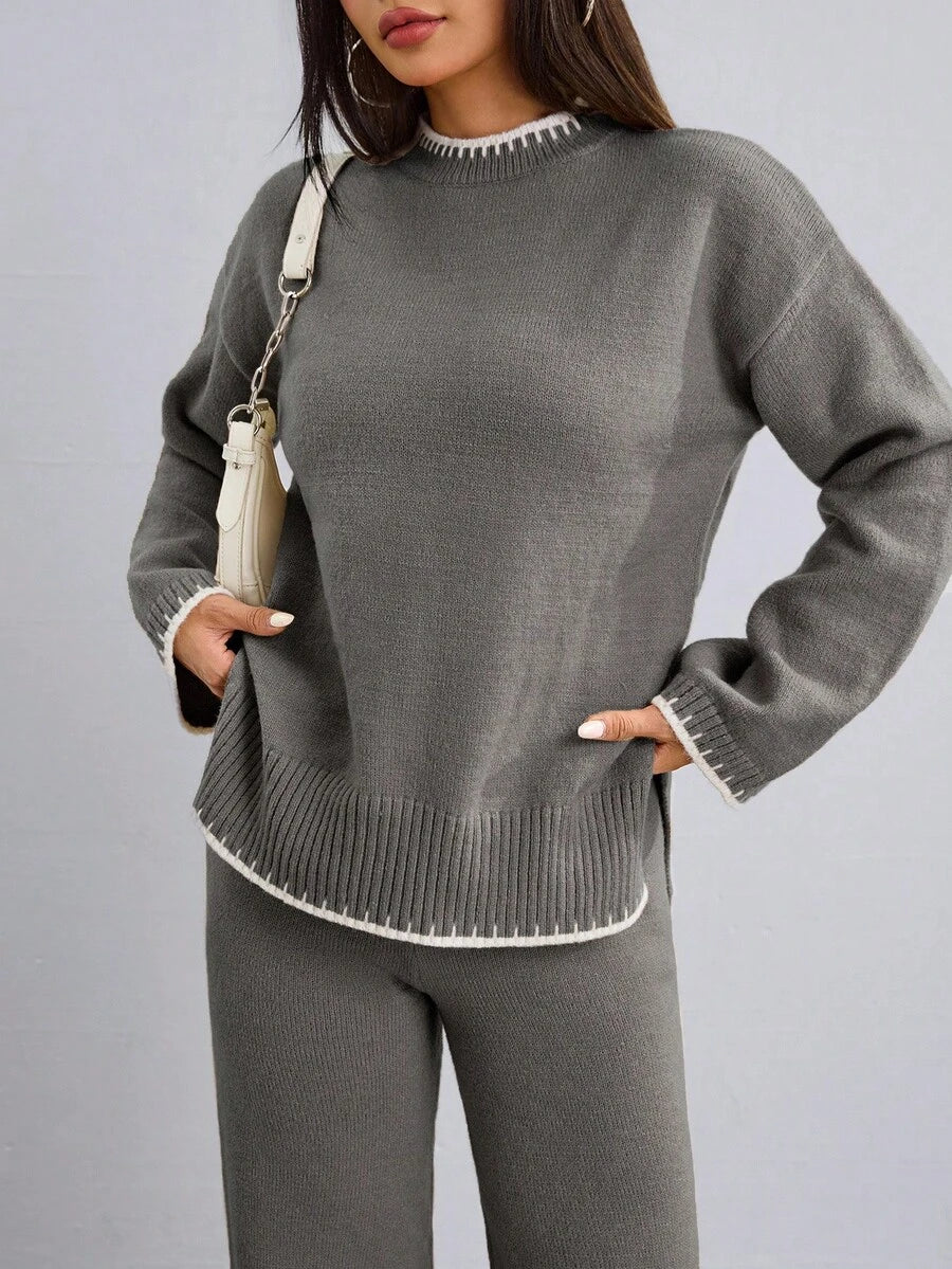 Flirla 2pcs Women Colorblock Rib-Trim Round Neck Long Sleeve Sweater And Pants Set Fall Winter Cloth For Women