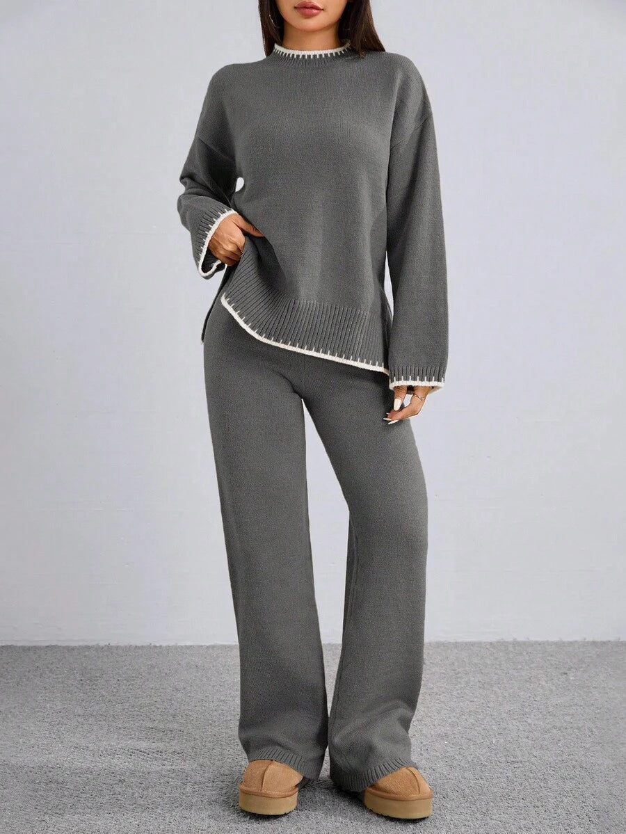 Flirla 2pcs Women Colorblock Rib-Trim Round Neck Long Sleeve Sweater And Pants Set Fall Winter Cloth For Women