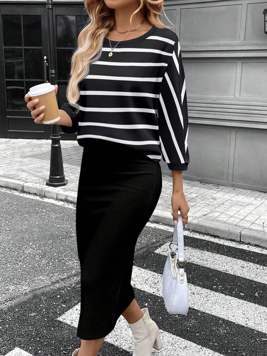 SHEIN LUNE Conjunto de camiseta feminina com gola redonda e manga morcego e saia reta justa, tecido com textura canelada felpuda, elegante para deslocamento casual, quente para outono/inverno