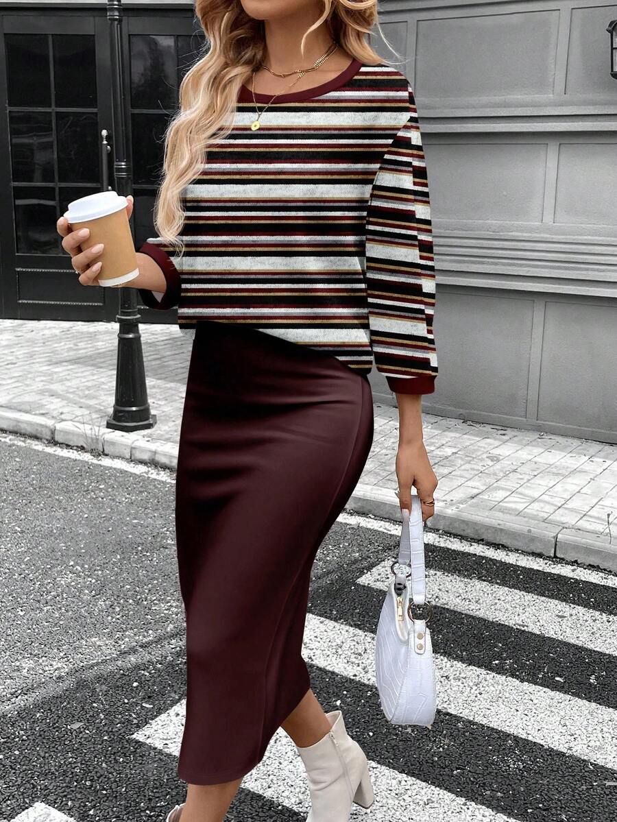 SHEIN LUNE Conjunto de camiseta feminina com gola redonda e manga morcego e saia reta justa, tecido com textura canelada felpuda, elegante para deslocamento casual, quente para outono/inverno