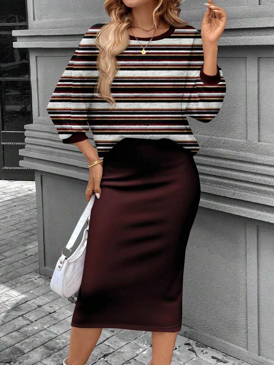 SHEIN LUNE Conjunto de camiseta feminina com gola redonda e manga morcego e saia reta justa, tecido com textura canelada felpuda, elegante para deslocamento casual, quente para outono/inverno