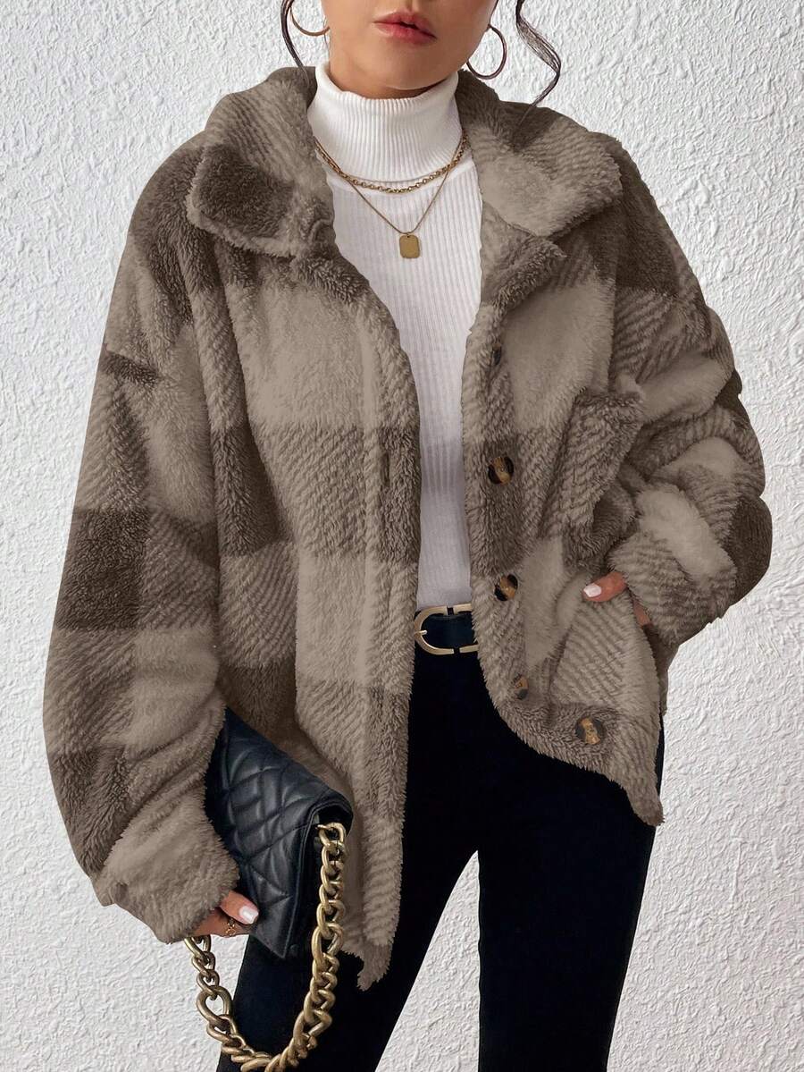 INAWLY Jaqueta feminina casual xadrez felpuda com botões frontais para uso diário no outono/inverno