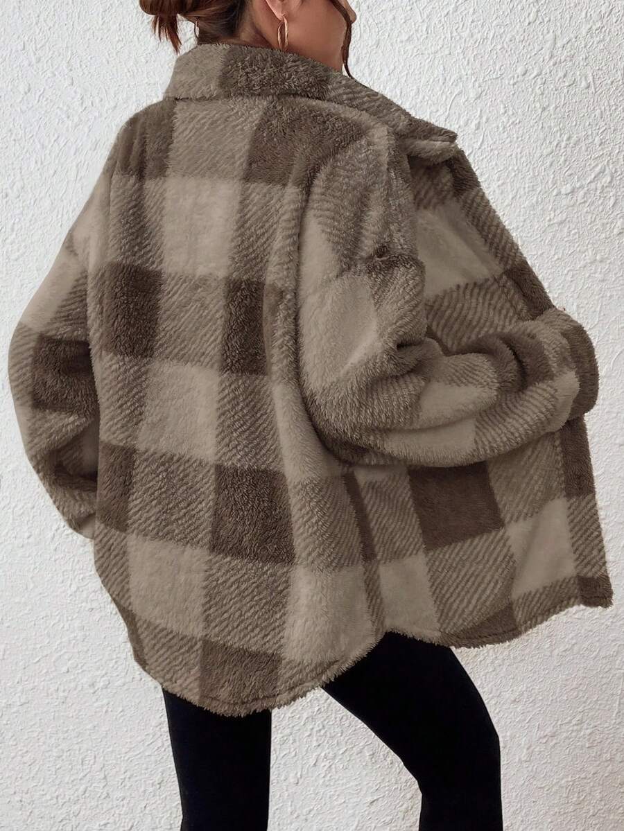 INAWLY Jaqueta feminina casual xadrez felpuda com botões frontais para uso diário no outono/inverno