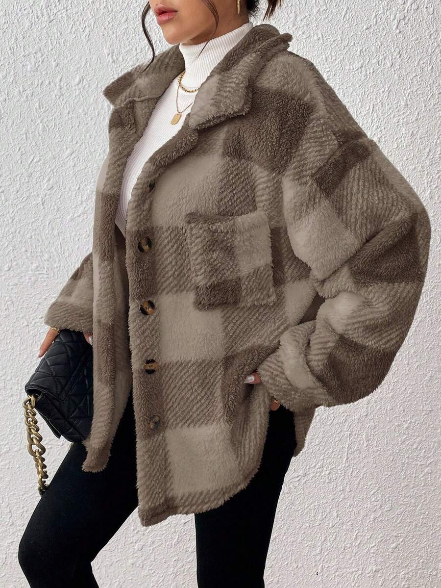 INAWLY Jaqueta feminina casual xadrez felpuda com botões frontais para uso diário no outono/inverno