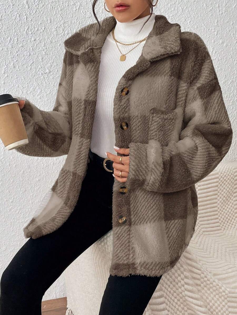 INAWLY Jaqueta feminina casual xadrez felpuda com botões frontais para uso diário no outono/inverno