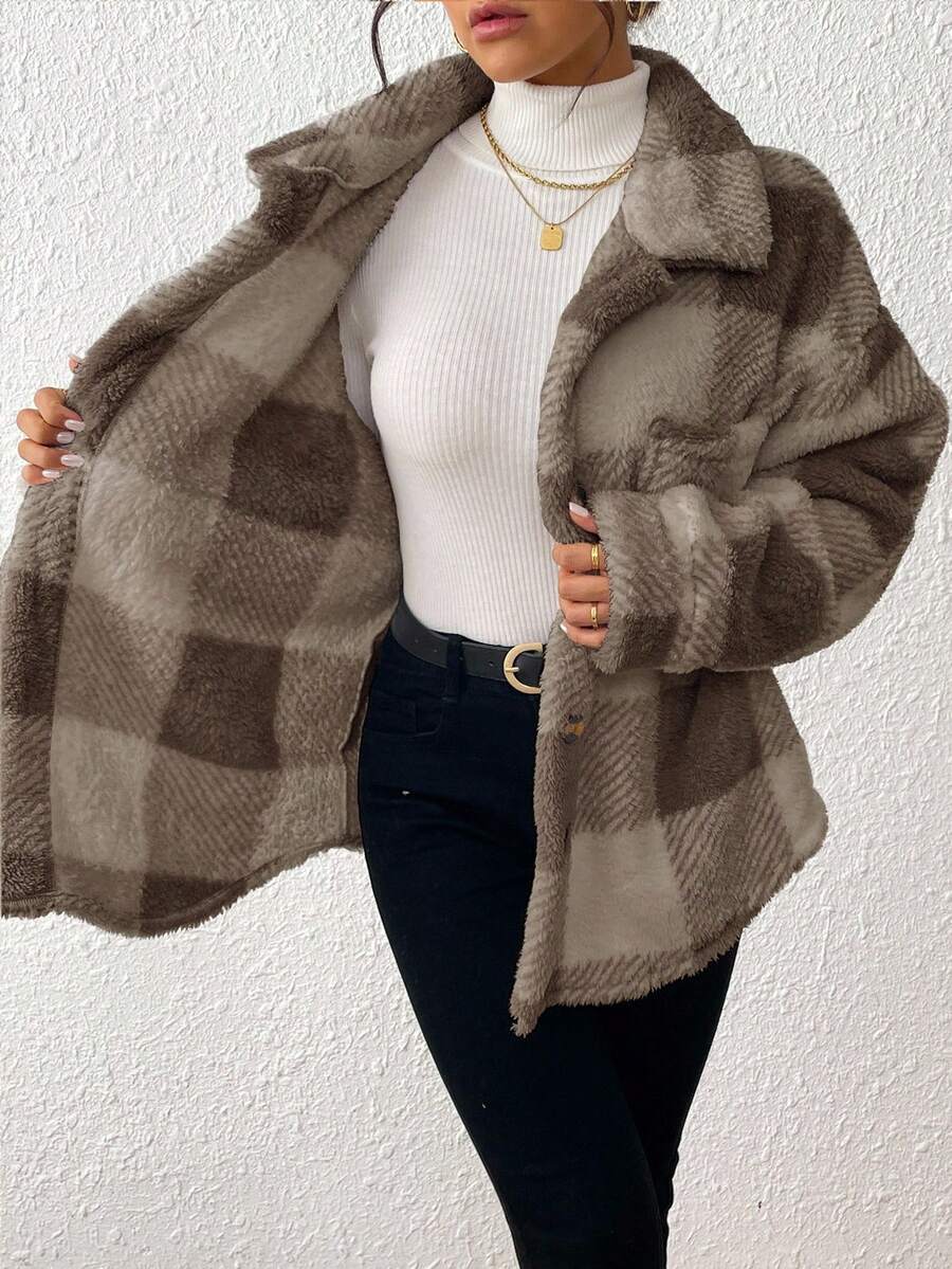 INAWLY Jaqueta feminina casual xadrez felpuda com botões frontais para uso diário no outono/inverno