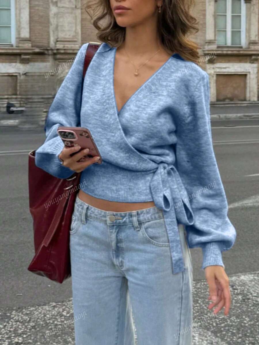 Suéter de malha com amarração, outono/inverno 2025, branco, essencial para mulheres em casa, para o trabalho, para encontros, para viagens, adequado para várias ocasiões, cinza claro
