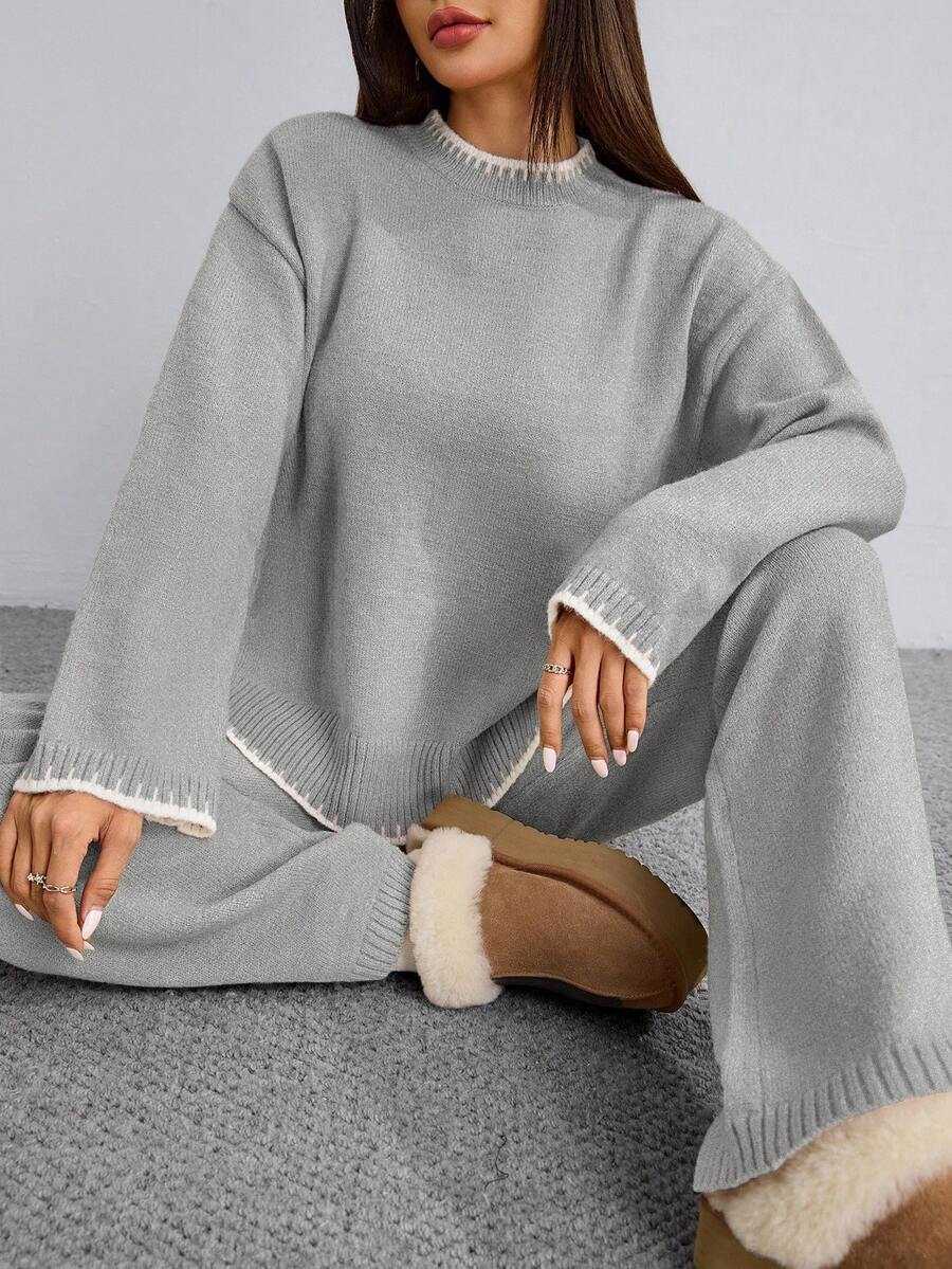Flirla 2pcs Women Colorblock Rib-Trim Round Neck Long Sleeve Sweater And Pants Set Fall Winter Cloth For Women