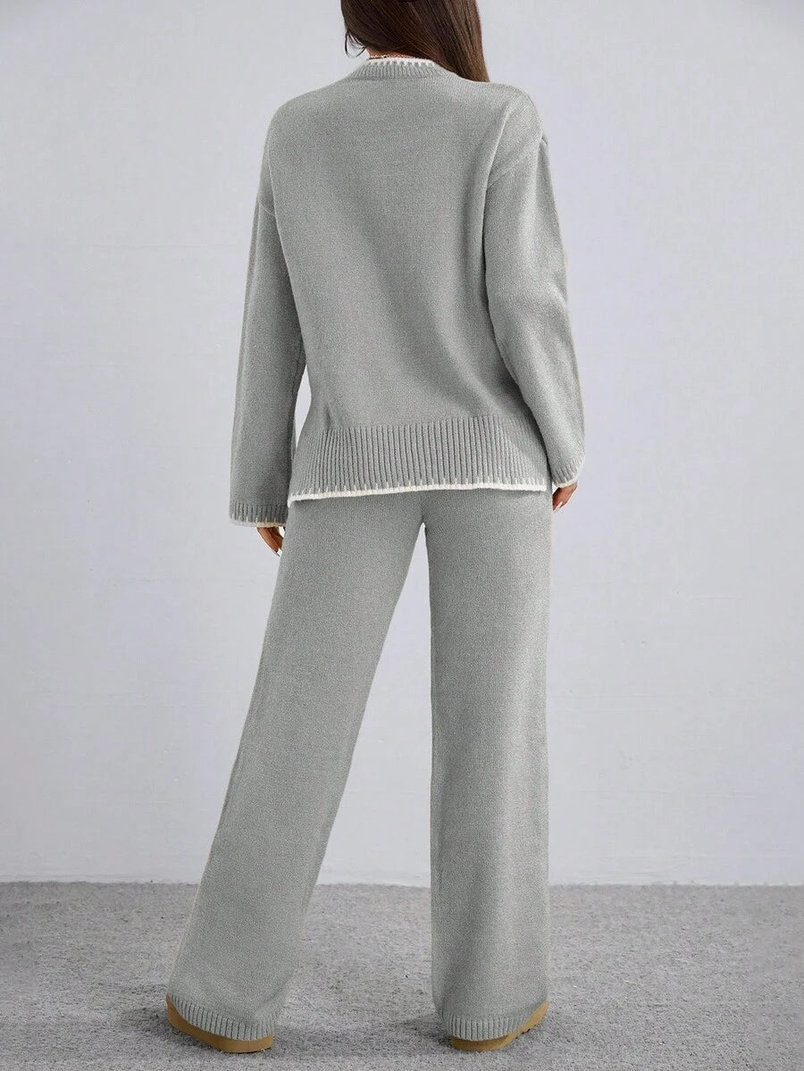 Flirla 2pcs Women Colorblock Rib-Trim Round Neck Long Sleeve Sweater And Pants Set Fall Winter Cloth For Women
