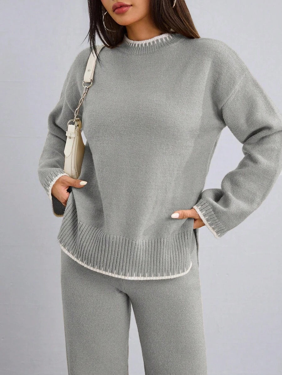 Flirla 2pcs Women Colorblock Rib-Trim Round Neck Long Sleeve Sweater And Pants Set Fall Winter Cloth For Women