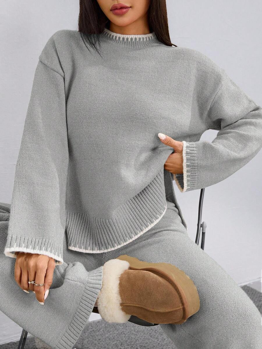 Flirla 2pcs Women Colorblock Rib-Trim Round Neck Long Sleeve Sweater And Pants Set Fall Winter Cloth For Women