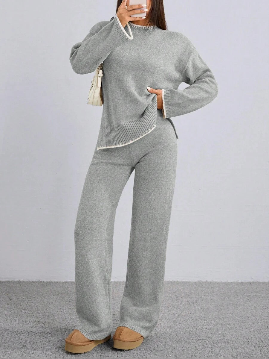 Flirla 2pcs Women Colorblock Rib-Trim Round Neck Long Sleeve Sweater And Pants Set Fall Winter Cloth For Women