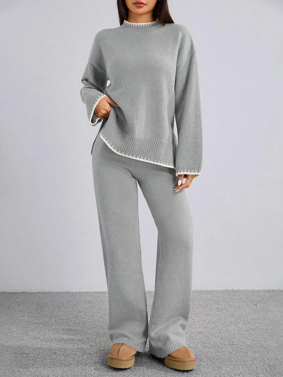 Flirla 2pcs Women Colorblock Rib-Trim Round Neck Long Sleeve Sweater And Pants Set Fall Winter Cloth For Women