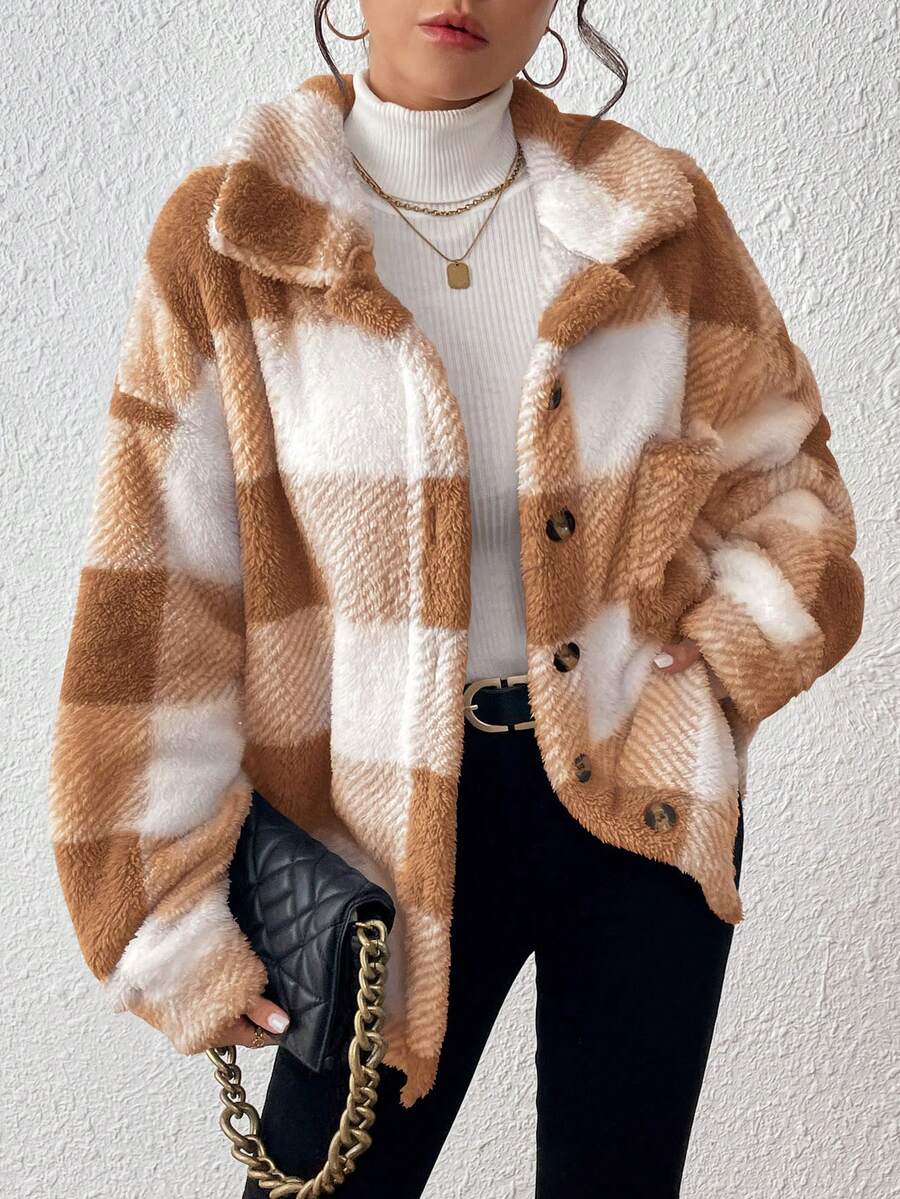 INAWLY Jaqueta feminina casual xadrez felpuda com botões frontais para uso diário no outono/inverno