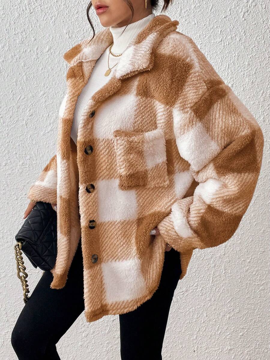 INAWLY Jaqueta feminina casual xadrez felpuda com botões frontais para uso diário no outono/inverno
